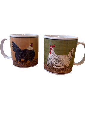 2 Warren Kimble HENNY PENNY By Sakura 2000 Chickens Farmhouse Mugs Red Yellow